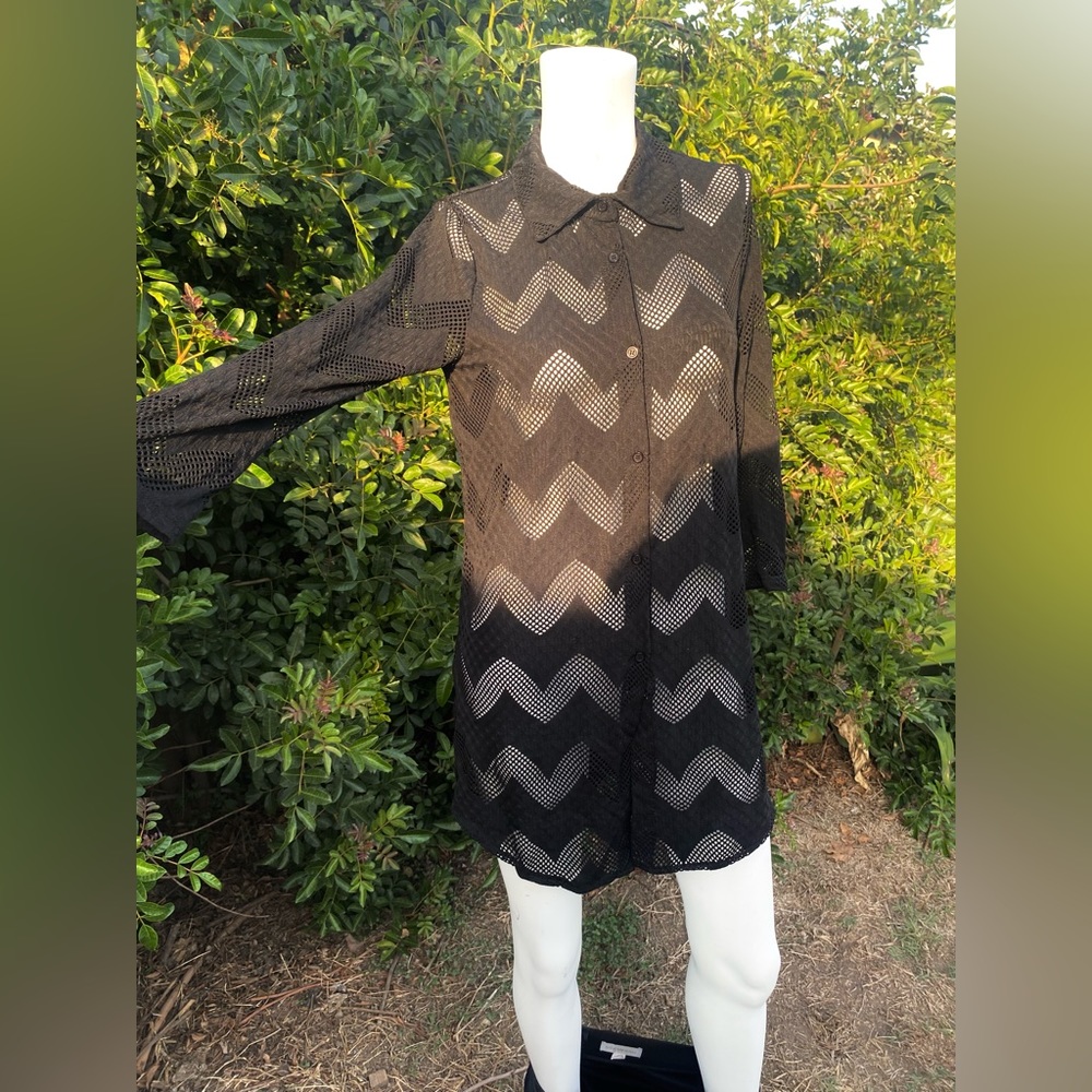 Ladies Black sheer Chevron button down dress cover-up tunic goth rocker swim